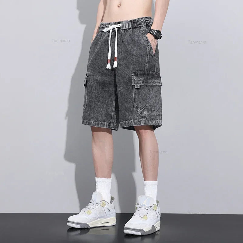 Shorts Vaqueros Oversize Hombre Estilo Coreano | Bermudas Cargo Baggy con Cintura Elástica Azul Gris Verano