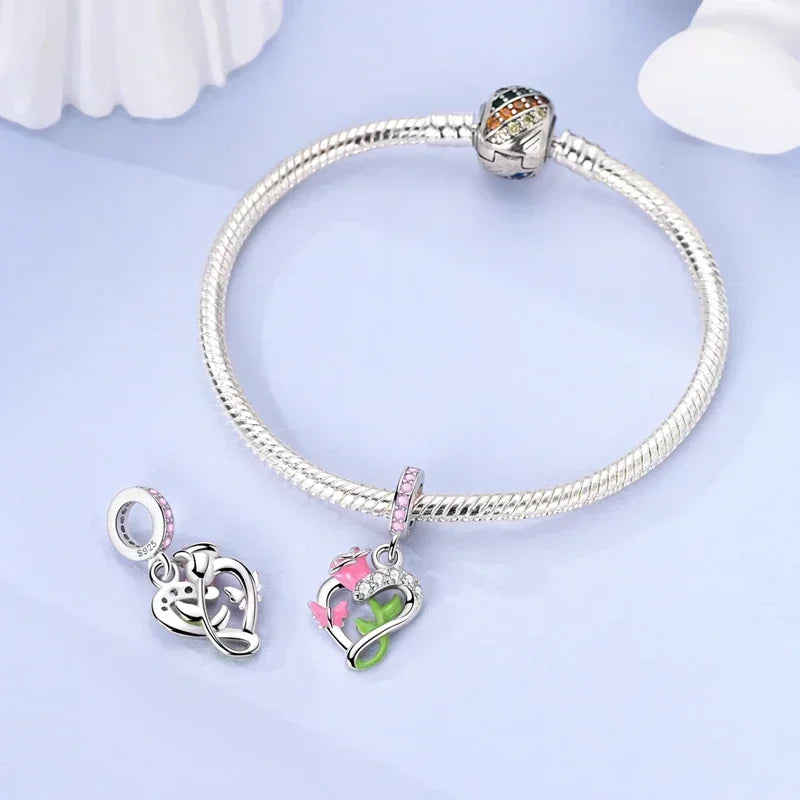 Charm Plata 925 Colgante Rosa Mariposa Corazón Flor Pájaro | Dije Para Pulsera Pandora Compatible
