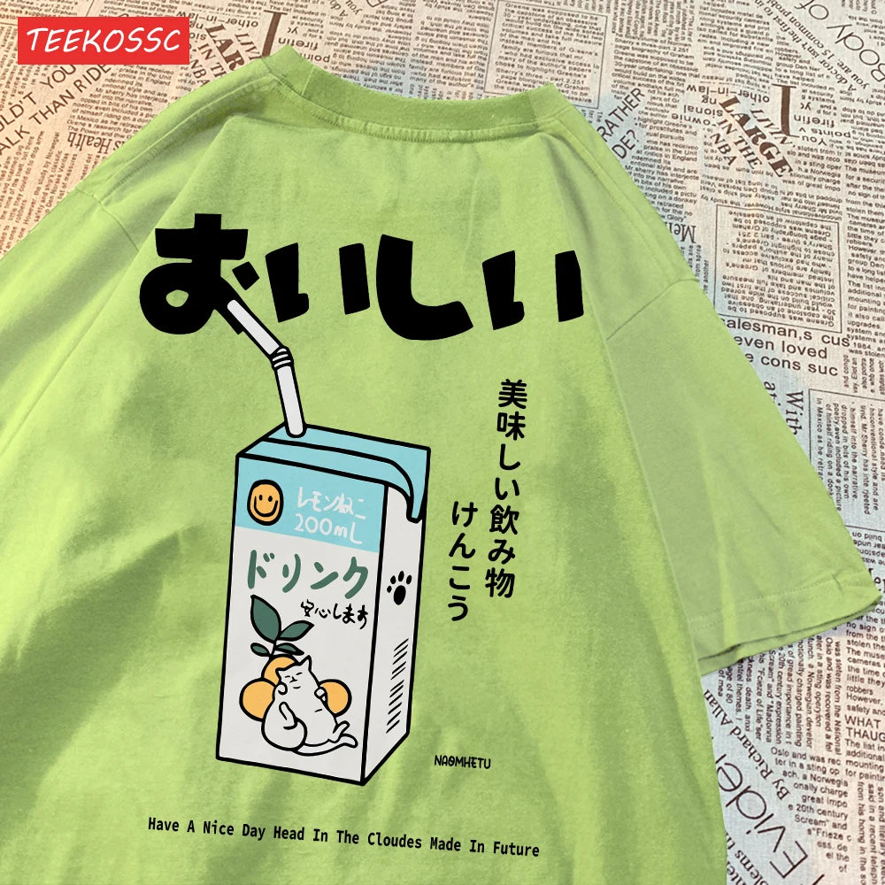Camiseta Oversize Unisex Algodón | Estampado Japonés Gatito Harajuku Casual Verano