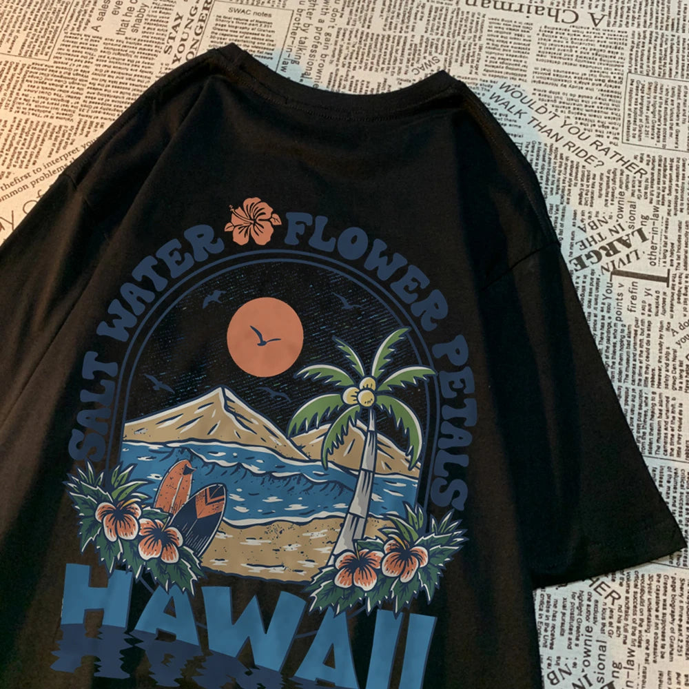Camiseta Hawaiana Oversize Hombre Mujer | T-shirt Unisex Algodón Estilo Hip Hop Casual con Flores Tropicales Pareja