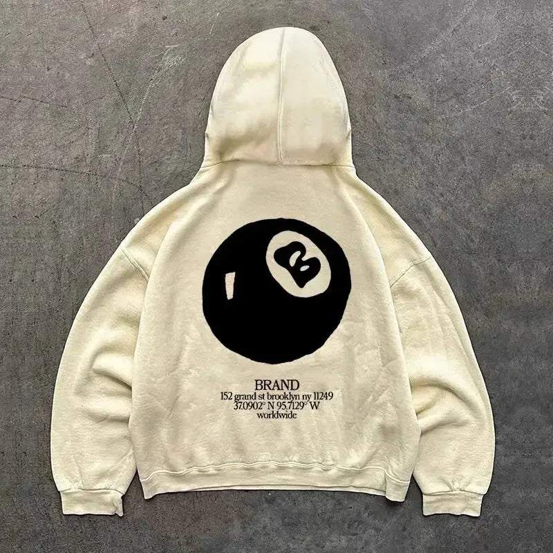 Hoodie Unisex Estilo Retro Americano con Estampado Bola 8 Y2K