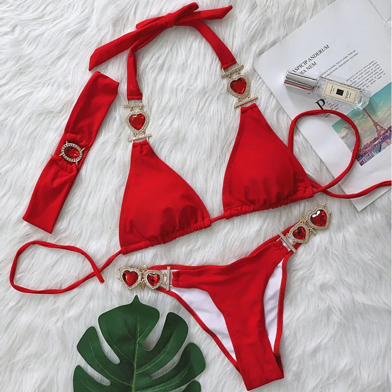 Bikini Sexy Mujer | Push-Up con Rhinestones y Diadema Playa y Piscina