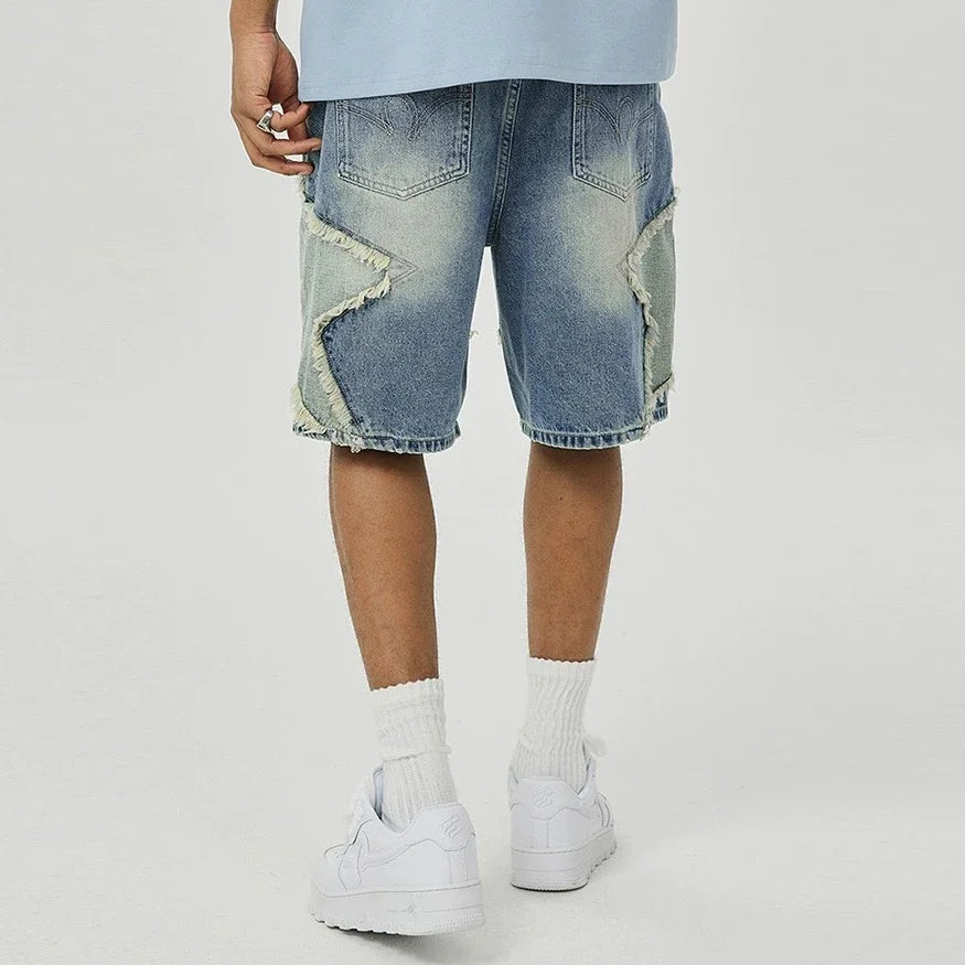 Shorts Jeans Baggy con Patchwork de Estrellas – Pantalones Denim Oversize Pierna Ancha Casual para Hombre