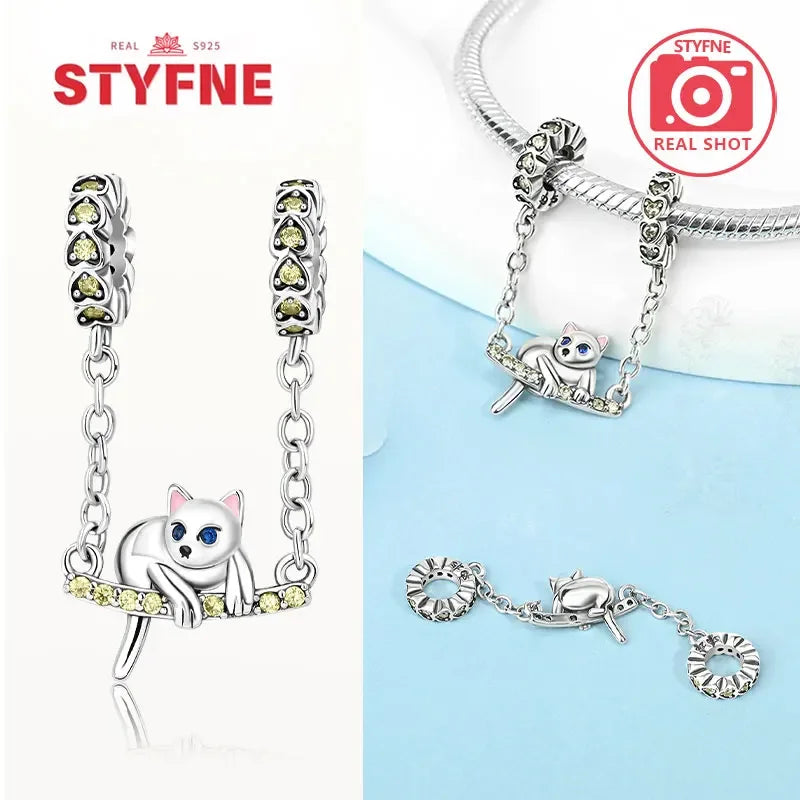 Charm Gato con Corazón de Plata 925 | Cadena de Seguridad para Pulseras Pandora Mujer