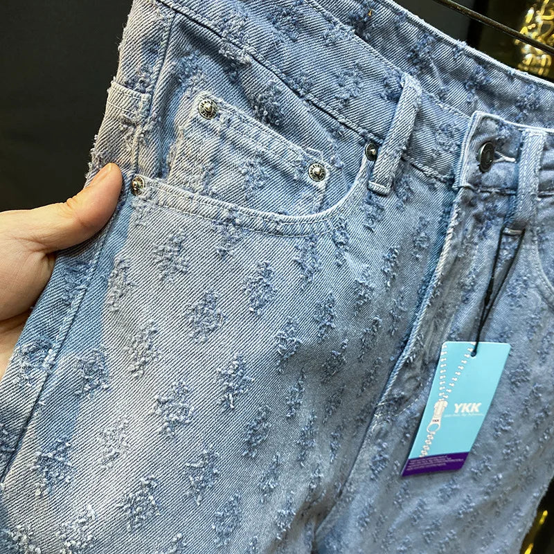 2025 new summer high-end denim shorts for men, loose straight leg oversized pants, retro embroidered five quarter pants