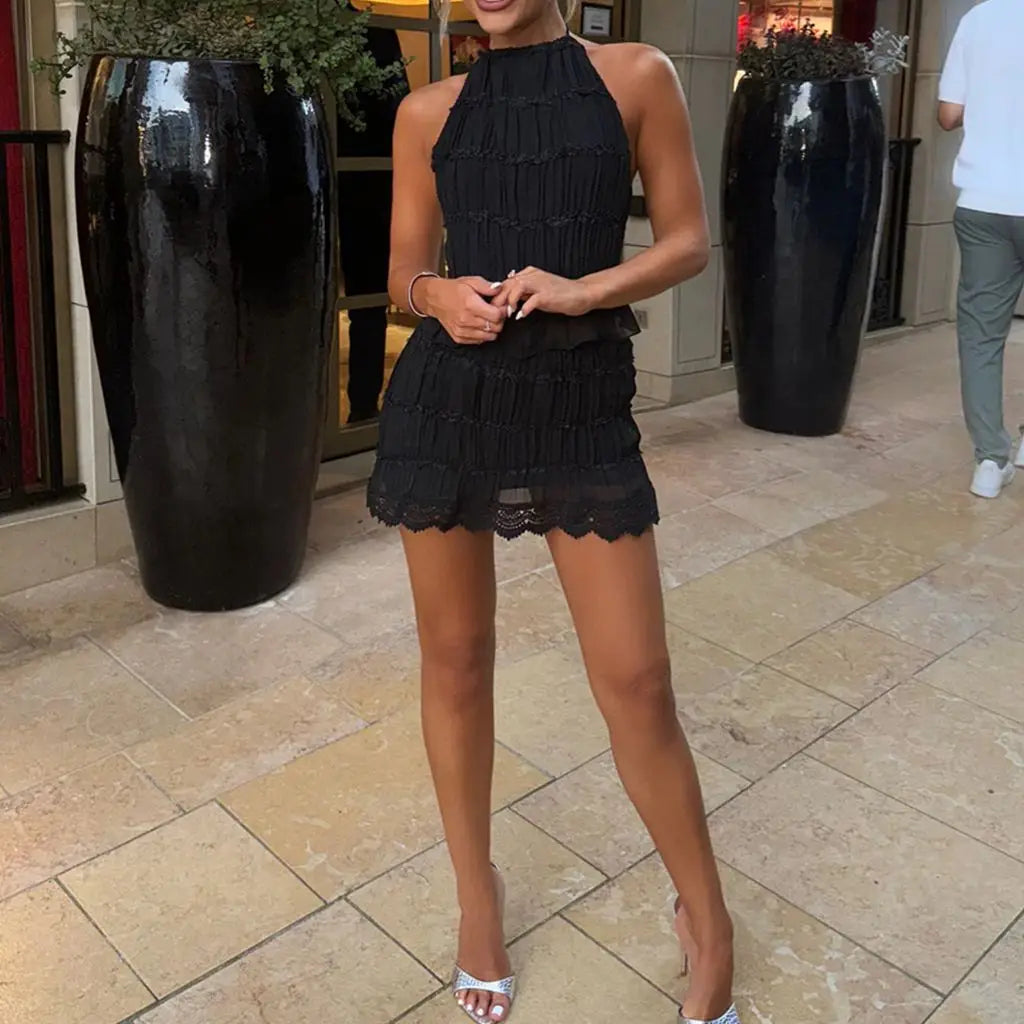 Conjunto Mujer 2 Piezas | Top Halter Crop con Encaje + Falda Lápiz Cintura Alta