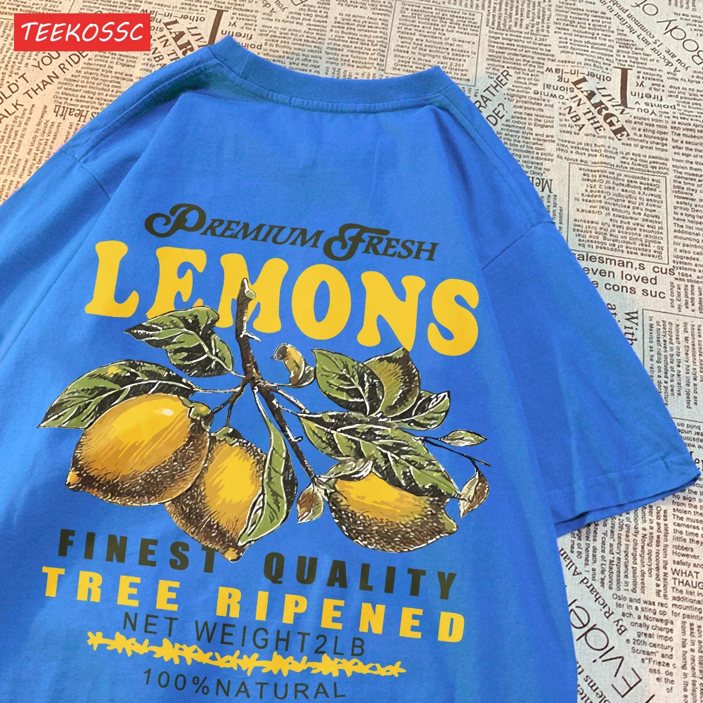 Camiseta Oversize Mujer Verano | Algodón Estampado Limones y Cerezas Casual
