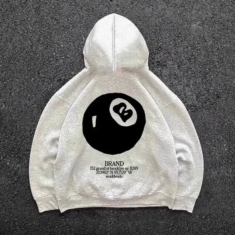 Hoodie Unisex Estilo Retro Americano con Estampado Bola 8 Y2K