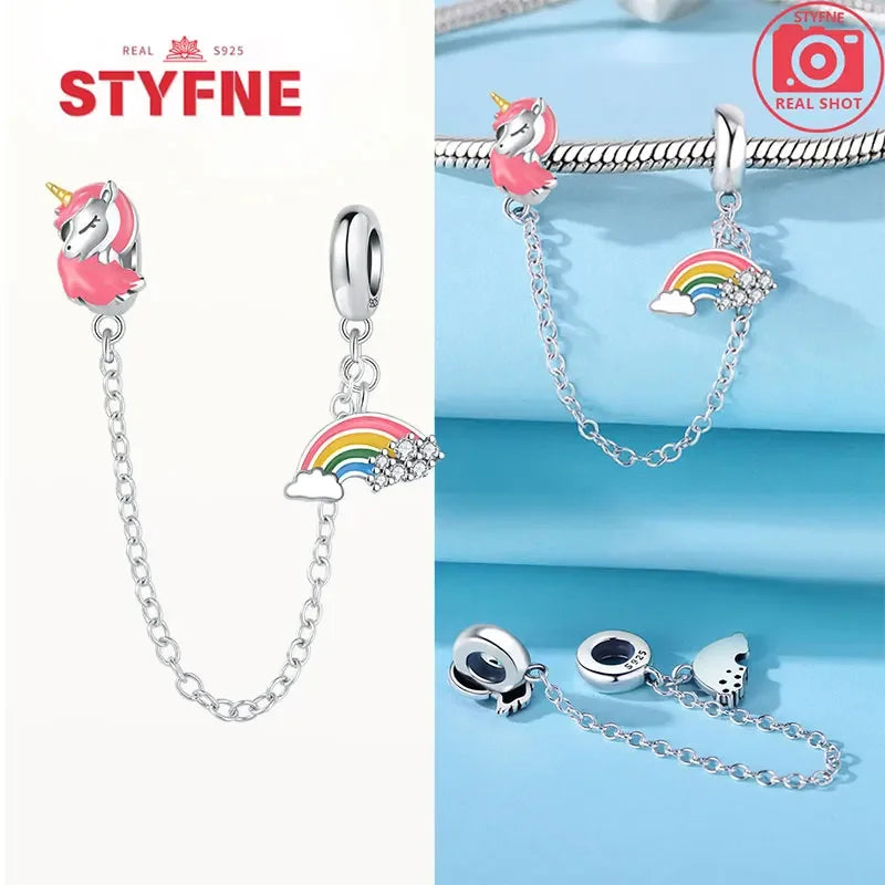 Charm Gato con Corazón de Plata 925 | Cadena de Seguridad para Pulseras Pandora Mujer