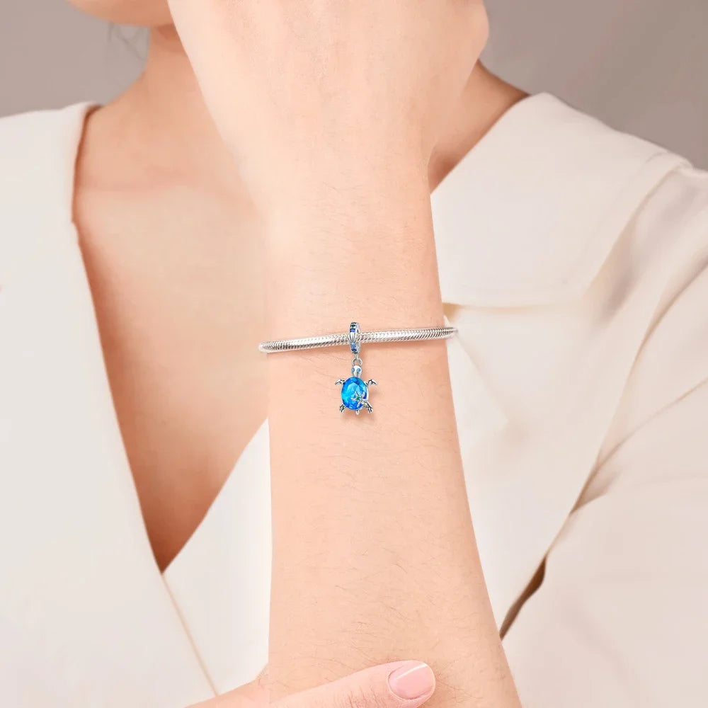 Charm Tortuga Marina con Circón Azul 925 Plata | Compatible Pandora Pulsera Mujer DIY