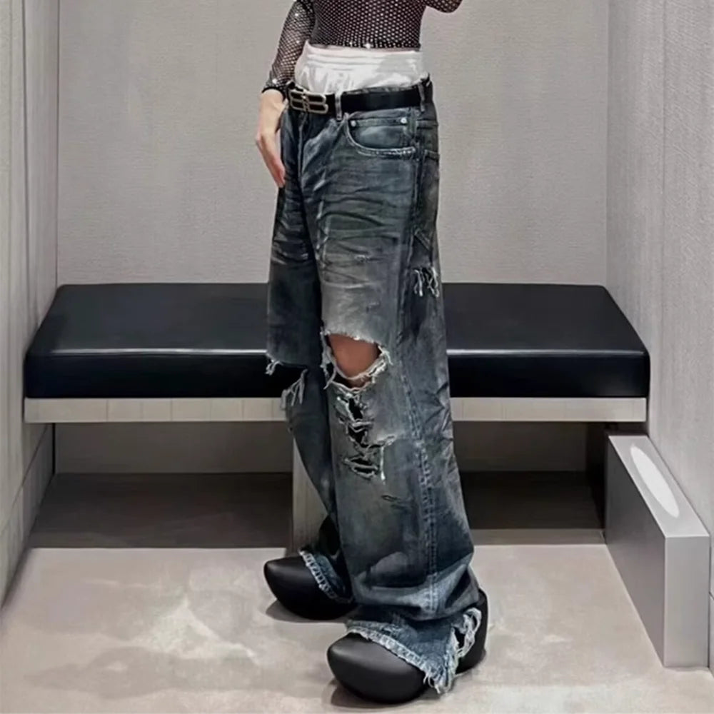 Jeans Rasgados Baggy de Pierna Ancha – Pantalones Denim Oversize Unisex con Agujeros Estilo Streetwear Casual