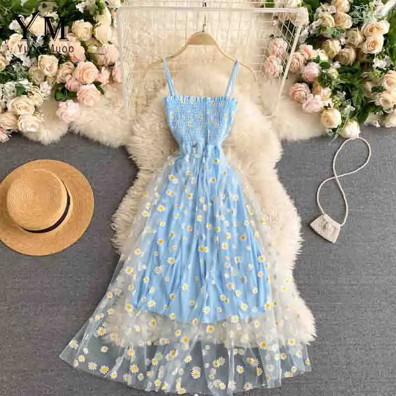 Vestido Verano Mujer Estilo Coreano | Vestido Midi Doble Capa con Tirantes y Estampado de Margaritas