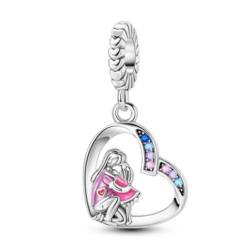 Charm Corazón Mamá e Hija en Plata 925 – Colgante Clásico para Pulseras Tipo Pandora, Regalo Día de la Madre