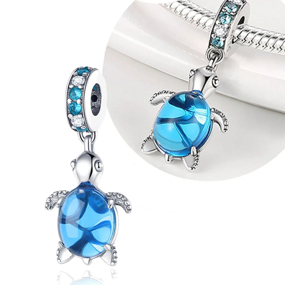 Charm Tortuga Marina con Circón Azul 925 Plata | Compatible Pandora Pulsera Mujer DIY