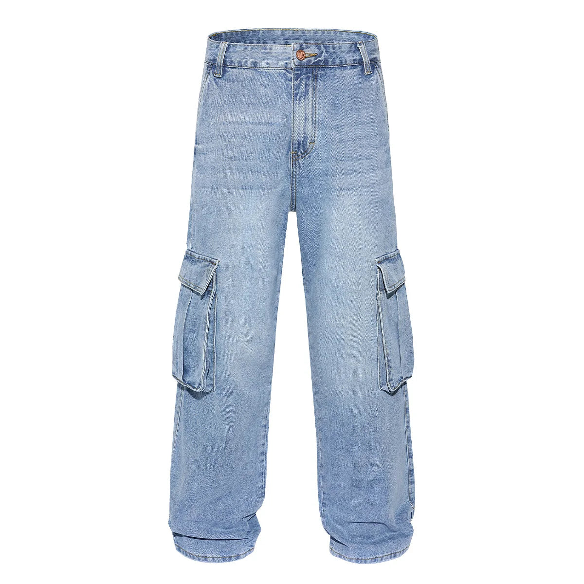 Jeans Cargo Baggy Hombre Azul Claro | Pantalón Vaquero Ancho Multibolsillos Streetwear Vintage