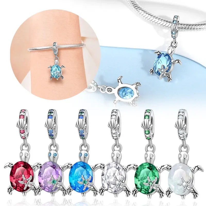 Charm Tortuga Marina con Circón Azul 925 Plata | Compatible Pandora Pulsera Mujer DIY