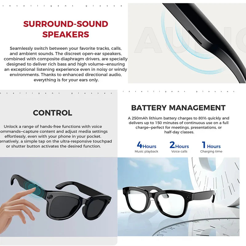 Gafas inteligentes con cámara integrada – Foto, video, traducción AI en 100+ idiomas, batería 250mAh, Bluetooth, resistentes al agua