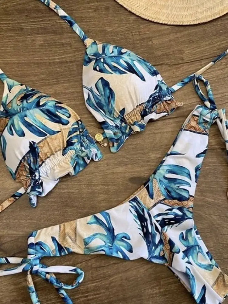 RUOTONGSEPT Micro Bikini Mujer 2025 | Estampado Plumas Bandage Brasileño