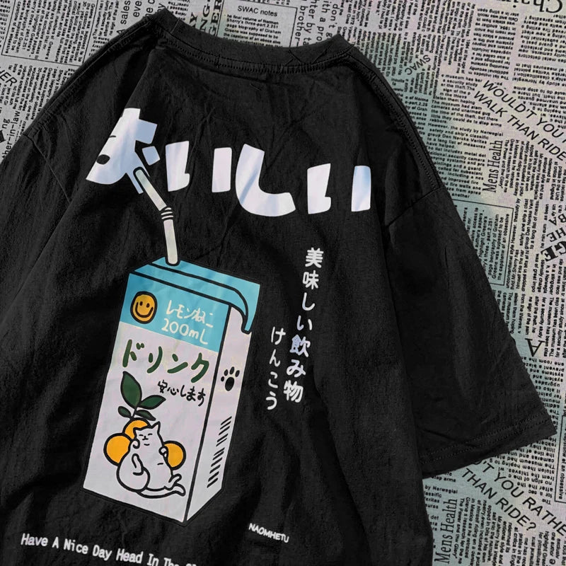 Camiseta Oversize Unisex Algodón | Estampado Japonés Gatito Harajuku Casual Verano