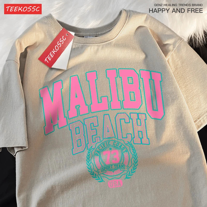 Camiseta Oversize Malibu Beach – T-shirt Casual Unisex con Estampado de Letras, Algodón, Cuello Redondo