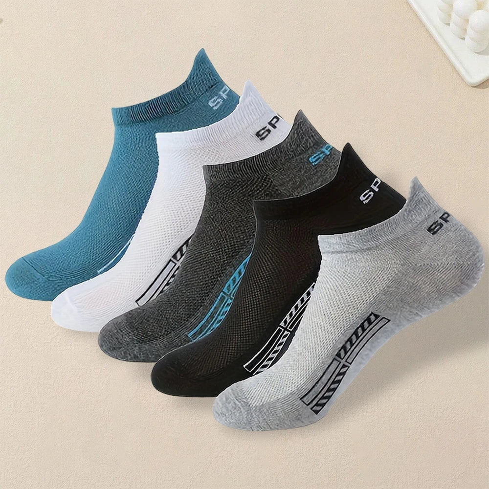 5pairs Men's Fashion Sports Socks, Striped Cotton Sweat Absorption Breathable Comfortable Ankle Socks