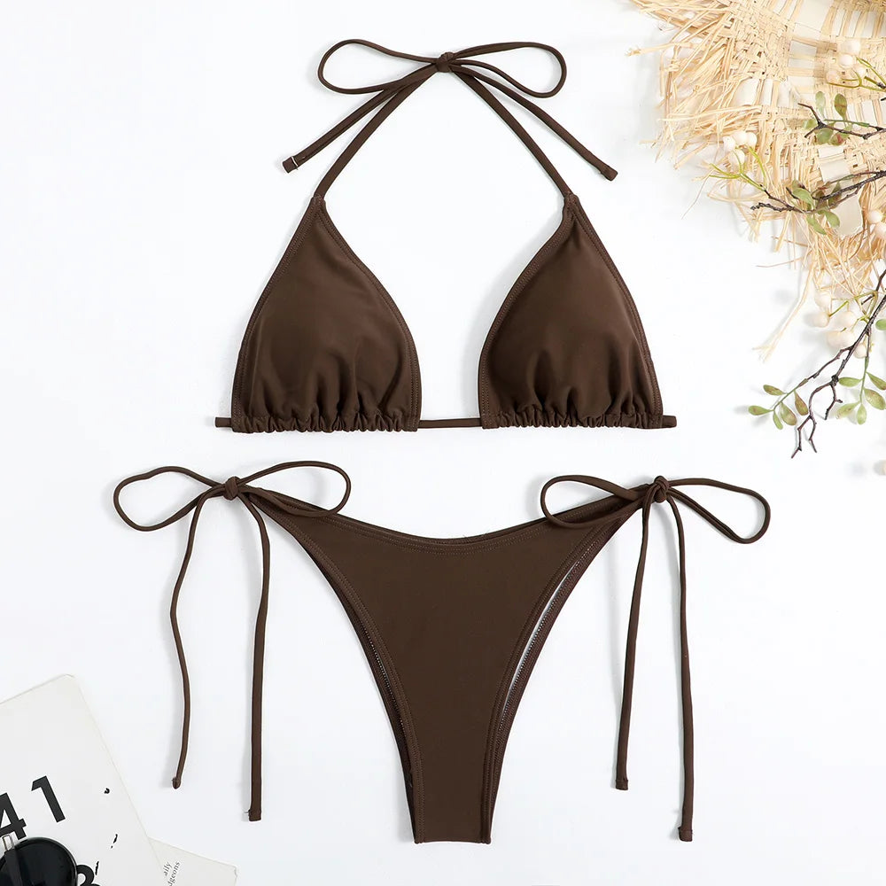 Bikini Micro Mujer 2025 | Halter Thong Lace-Up Playa y Piscina