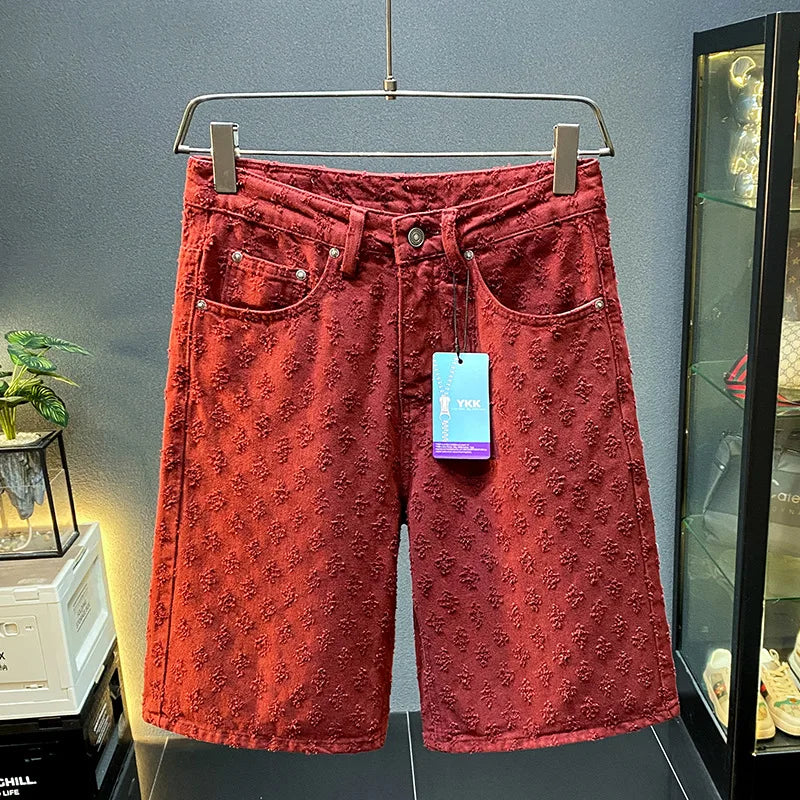 2025 new summer high-end denim shorts for men, loose straight leg oversized pants, retro embroidered five quarter pants