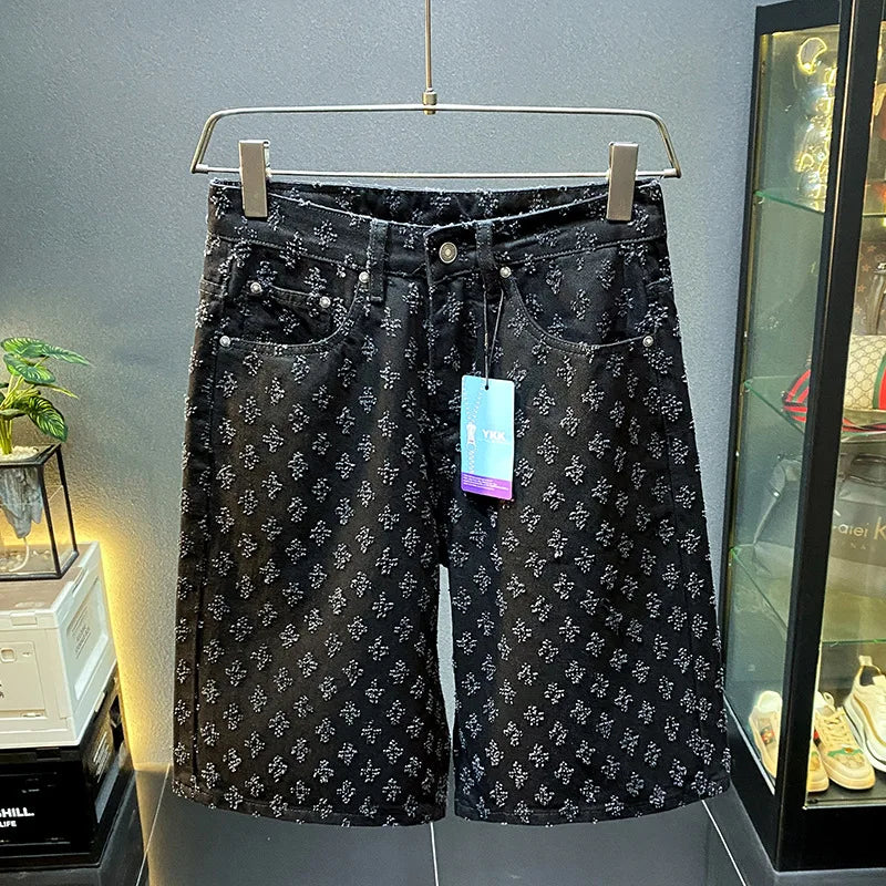 2025 new summer high-end denim shorts for men, loose straight leg oversized pants, retro embroidered five quarter pants