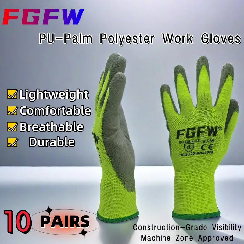 10 Pares Guantes de Trabajo PU 🧤 Antideslizantes, Resistentes y Ligeros – Guantes de Seguridad Certificados EN 388/ISO20471 (Tallas S/M/L/XL)