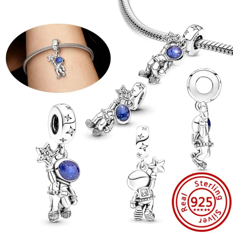 Charm Espacio y Galaxia en Plata 925 – Abalorios Astronauta, Planeta y Estrellas para Pulsera Original Mujer