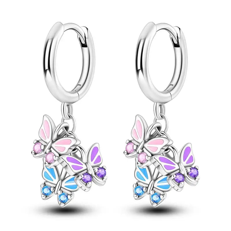 Aretes Primavera Plata 925 | Abeja, Flor y Mariposa | Aros Dobles Mujer