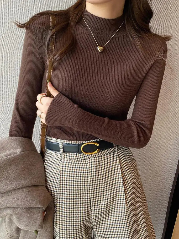 Suéter Cuello Alto Mujer Invierno Otoño | Suéter Básico Tejido Coreano Casual Ajustado