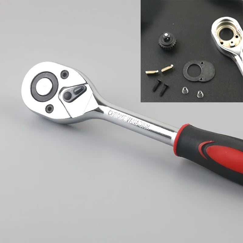 46PCS Juego de Herramientas Mecánicas con Llave de Trinquete, Vasos, Destornillador y Dados para Auto, Moto y Bicicleta