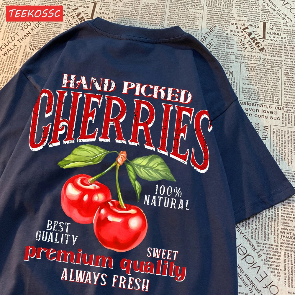 Camiseta Oversize Mujer Verano | Algodón Estampado Limones y Cerezas Casual