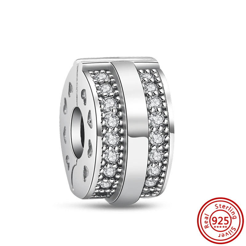 Charm Clip Plata 925 con Corazones, Corona y Concha | CZ Pavé Brillante | Compatible Pandora Original