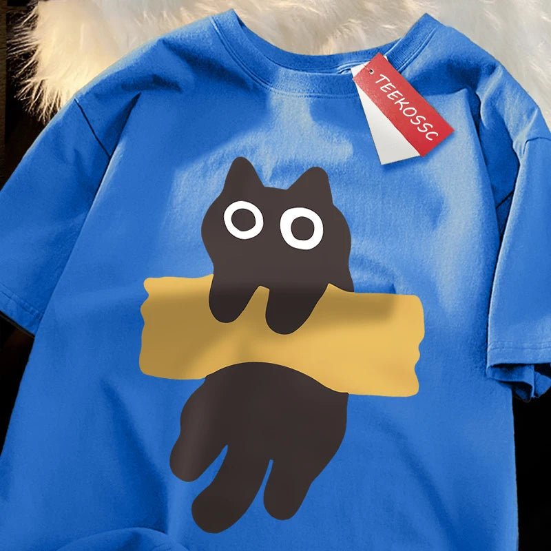 Camiseta Oversize con Estampado de Gato – T-shirt Manga Corta Estilo Japonés Unisex, Algodón, Cuello Redondo