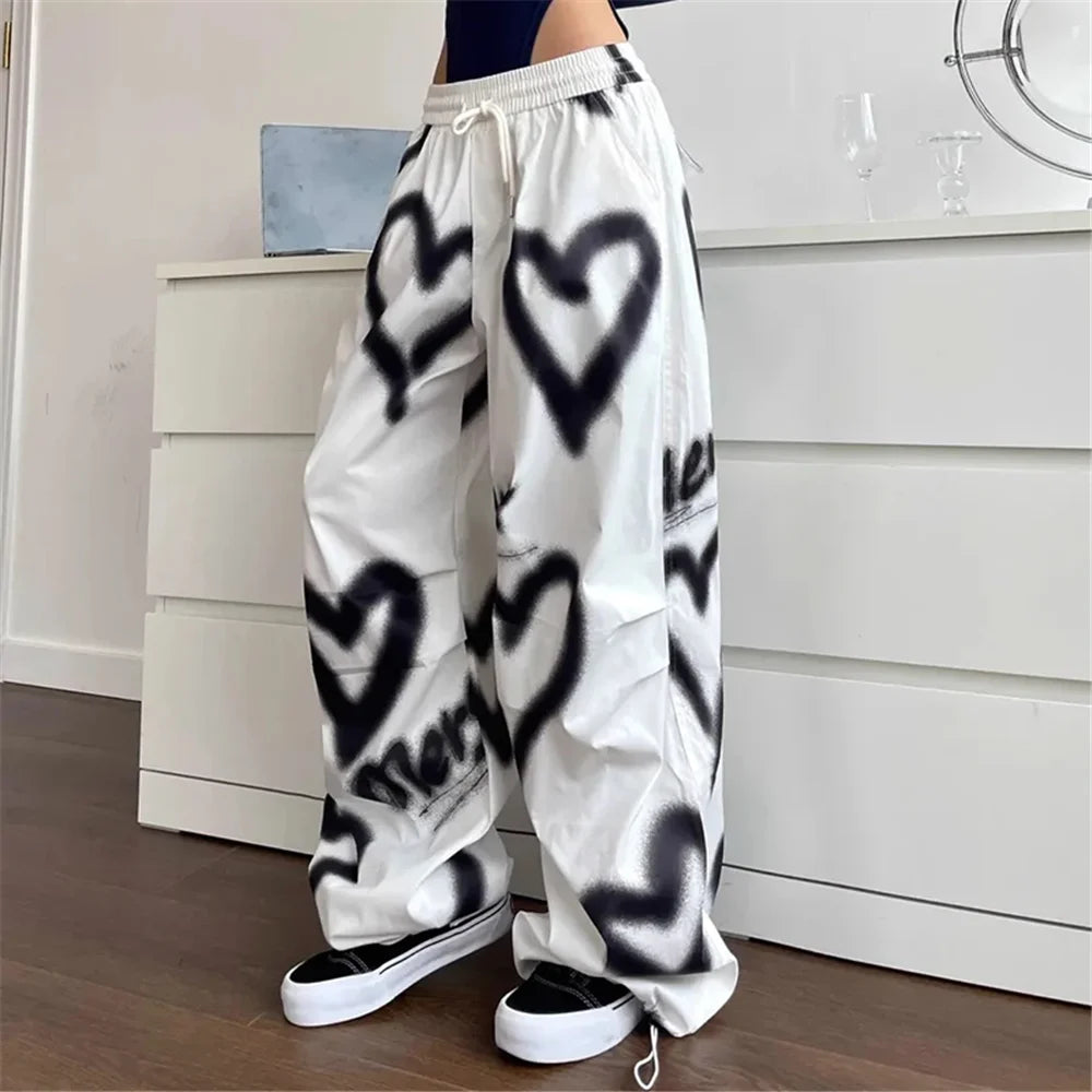Pantalones Anchos Love Graffiti Mujer | Jogger Y2K Cintura Alta Elástica Streetwear Coreano