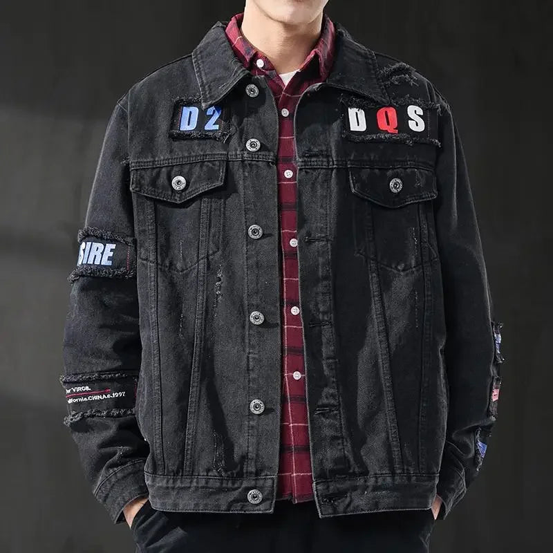 GELITAYIN Men's Denim Jacket Ripped Autumn With Hole Male Jean Coats Oversize Light Vintage Washed Elatic High Quality Low Price