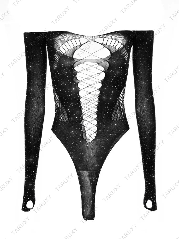 Body Mujer 2025 | Lencería Sexy de Malla Brillante con Rhinestones y Manga Larga