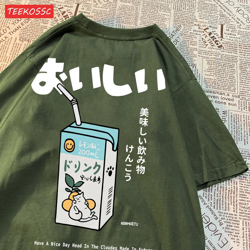 Camiseta Oversize Unisex Algodón | Estampado Japonés Gatito Harajuku Casual Verano