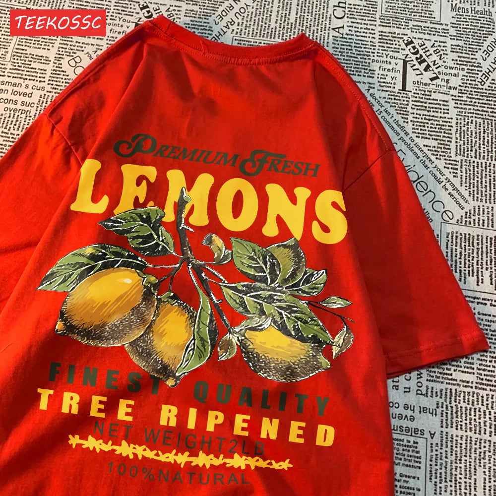 Camiseta Oversize Mujer Verano | Algodón Estampado Limones y Cerezas Casual