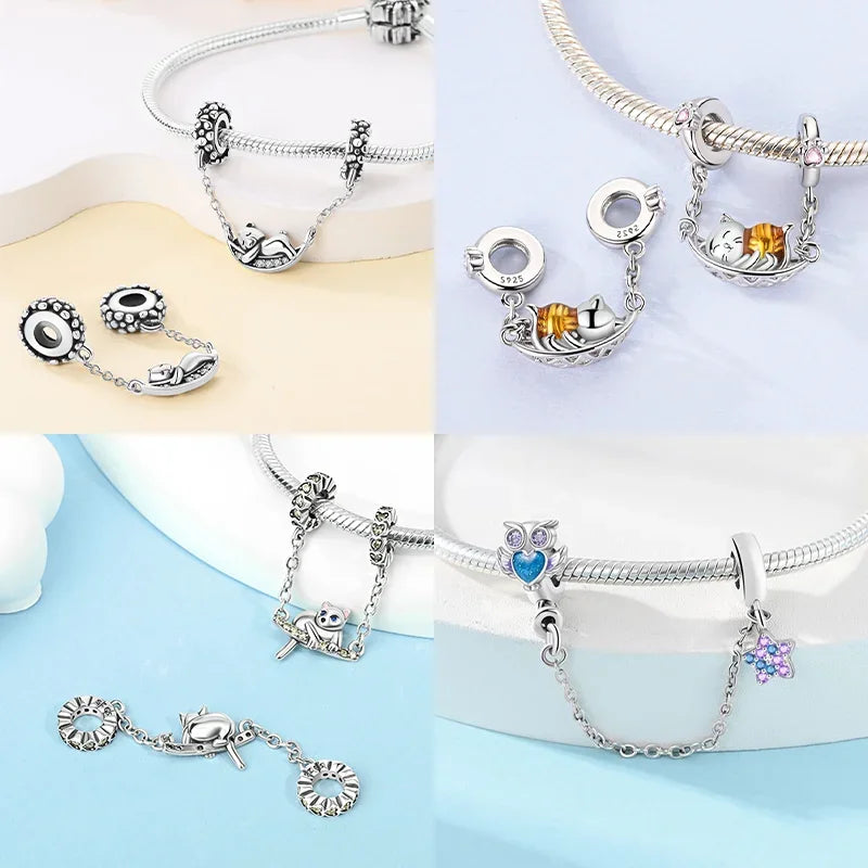 Charm Gato con Corazón de Plata 925 | Cadena de Seguridad para Pulseras Pandora Mujer
