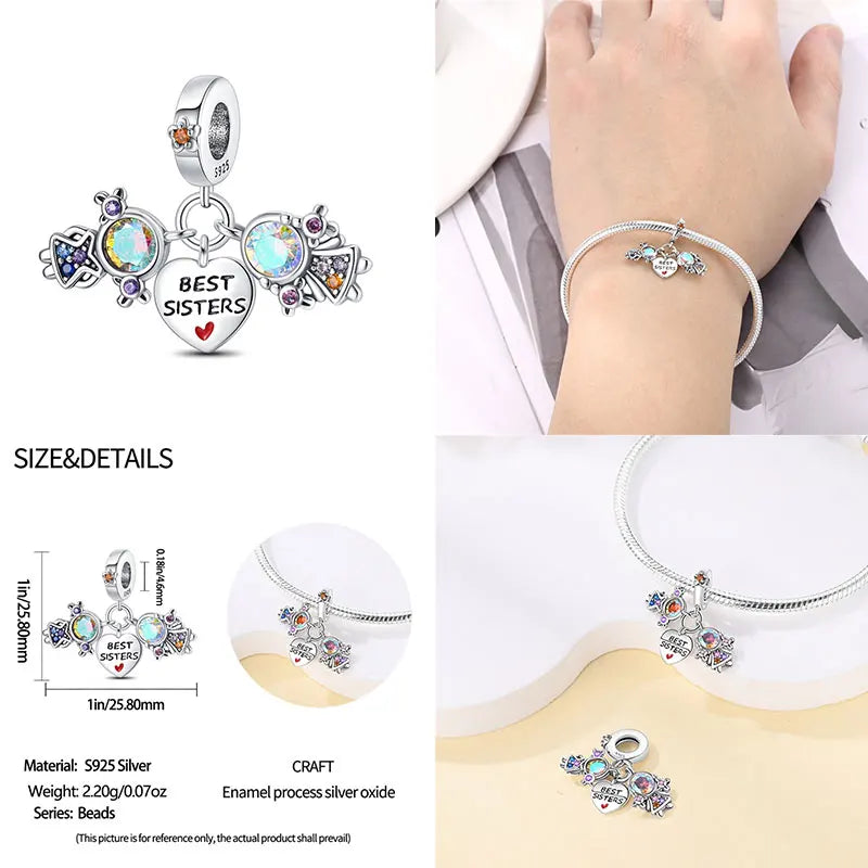 Charm hermana corazón en plata 925 – Compatible Pandora y pulseras 3mm, joyería DIY mujer