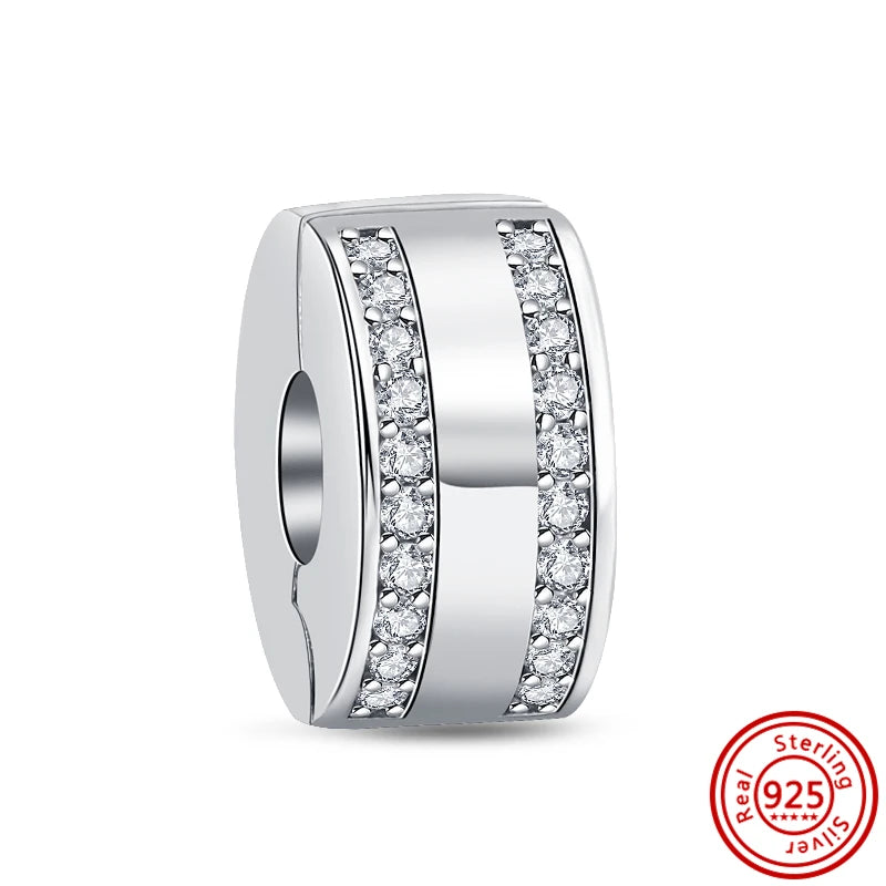 Charm Clip Plata 925 con Corazones, Corona y Concha | CZ Pavé Brillante | Compatible Pandora Original