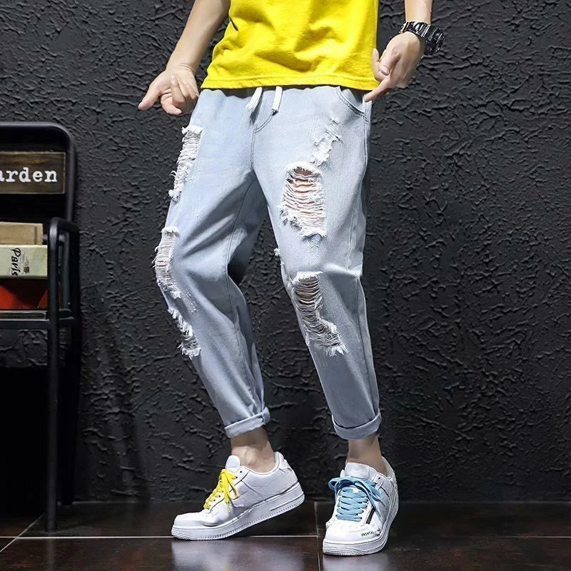 Jeans Oversize Hombre Cropped Verano | Vaqueros Rotos Tallas Grandes Moda Coreana