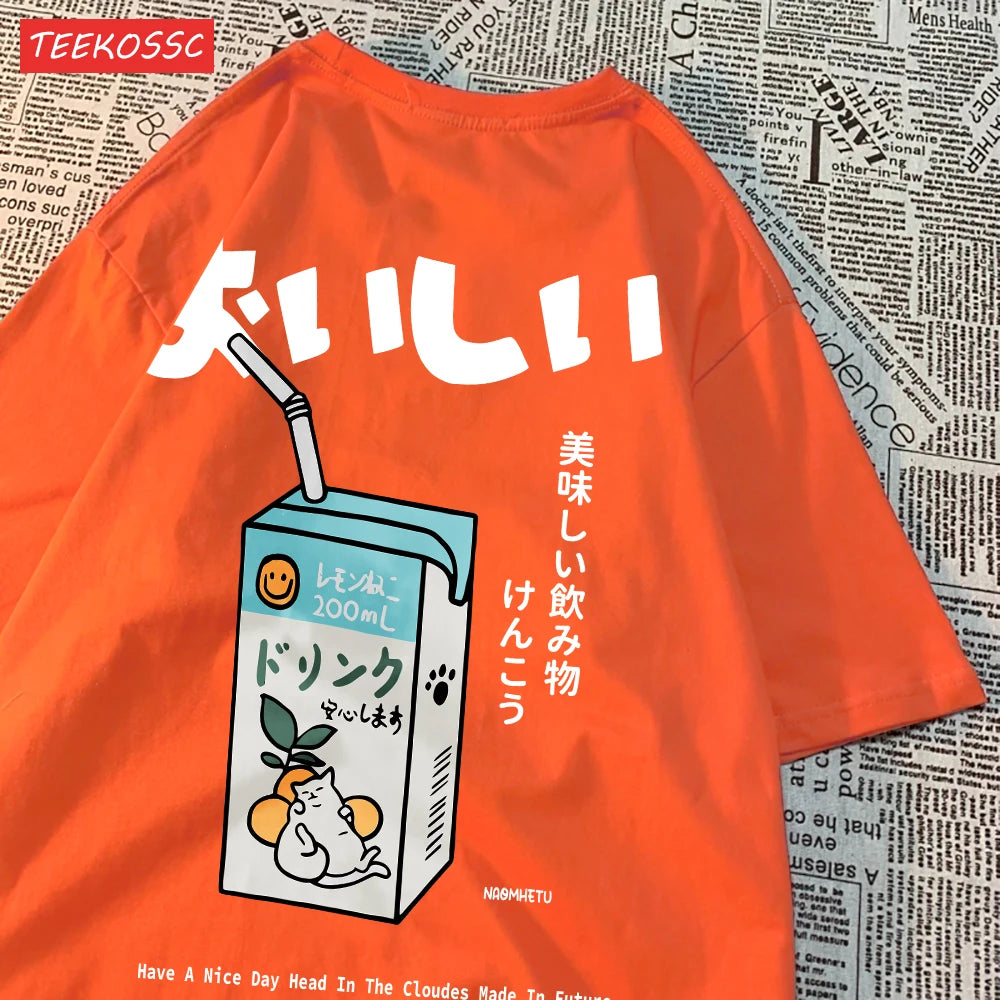 Camiseta Oversize Unisex Algodón | Estampado Japonés Gatito Harajuku Casual Verano