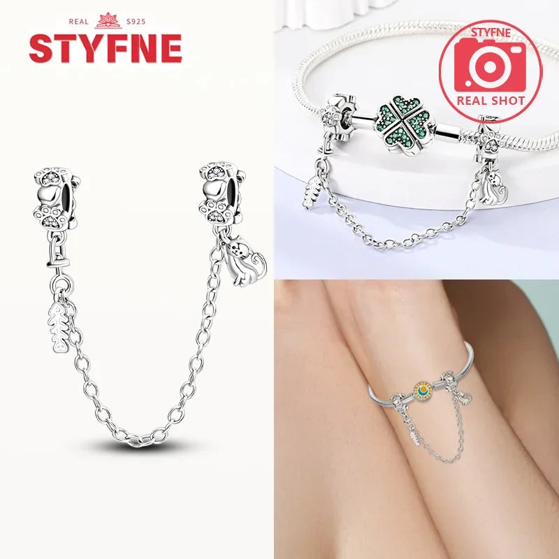 Charm Gato con Corazón de Plata 925 | Cadena de Seguridad para Pulseras Pandora Mujer