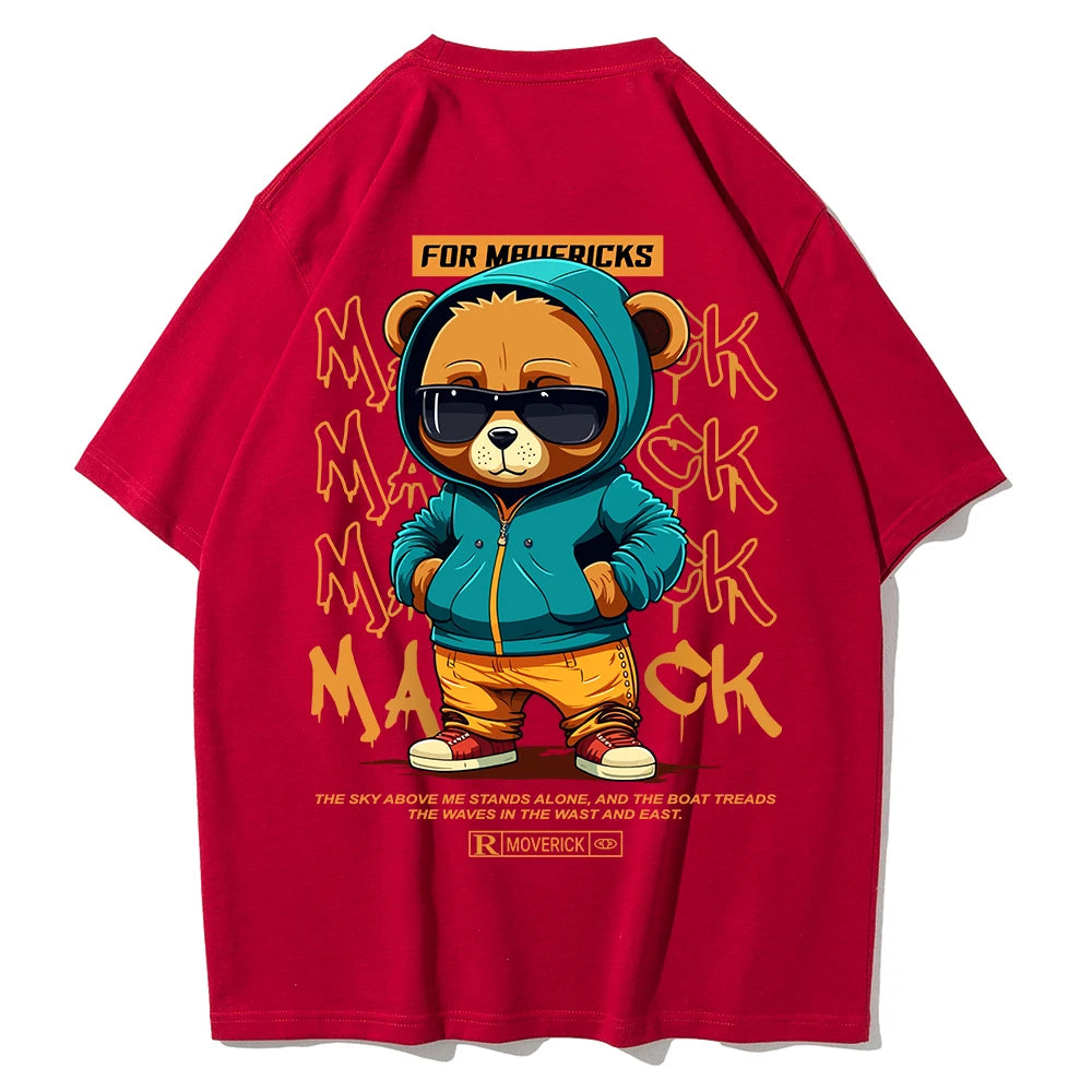 Camiseta de Algodón con Estampado de Oso – T-shirt Redonda Oversize Unisex Suelta, Transpirable y Casual