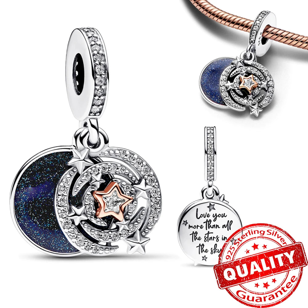 Charm Plata 925 Colgante Colorido Sol Luna Estrellas | Dije Compatible Pandora Pulsera y Collar Mujer
