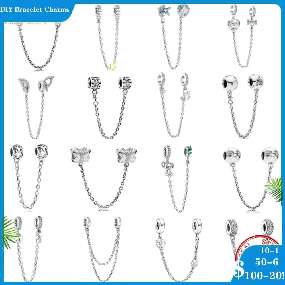 Cadena de seguridad plata 925 con charms mariposa, margarita, gato, oso y castillo – Compatible con pulsera Pandora mujer